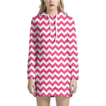 Pink And White Chevron Pattern Print Hoodie Dress