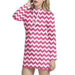 Pink And White Chevron Pattern Print Hoodie Dress