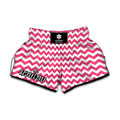 Pink And White Chevron Pattern Print Muay Thai Boxing Shorts
