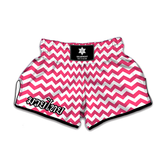 Pink And White Chevron Pattern Print Muay Thai Boxing Shorts