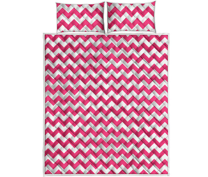 Pink And White Chevron Pattern Print Quilt Bed Set