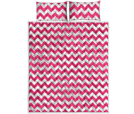 Pink And White Chevron Pattern Print Quilt Bed Set