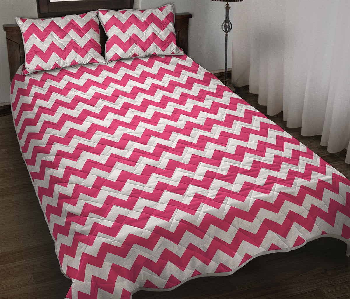 Pink And White Chevron Pattern Print Quilt Bed Set