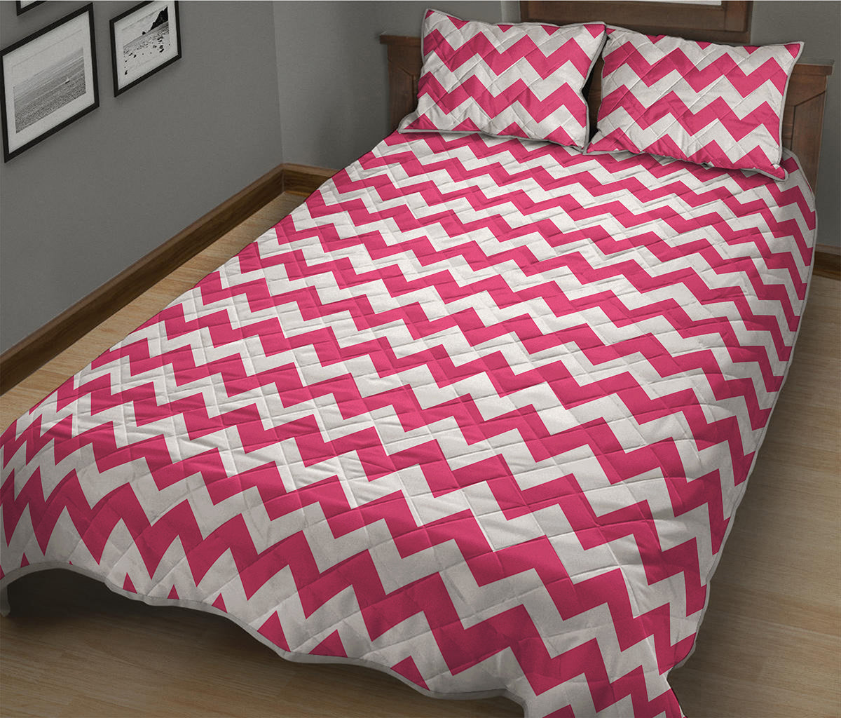 Pink And White Chevron Pattern Print Quilt Bed Set