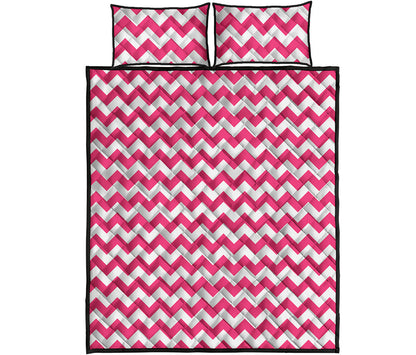 Pink And White Chevron Pattern Print Quilt Bed Set