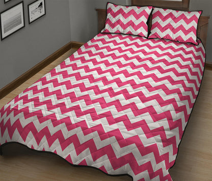 Pink And White Chevron Pattern Print Quilt Bed Set