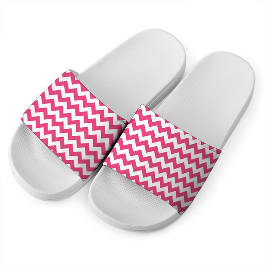Pink And White Chevron Pattern Print White Slide Sandals