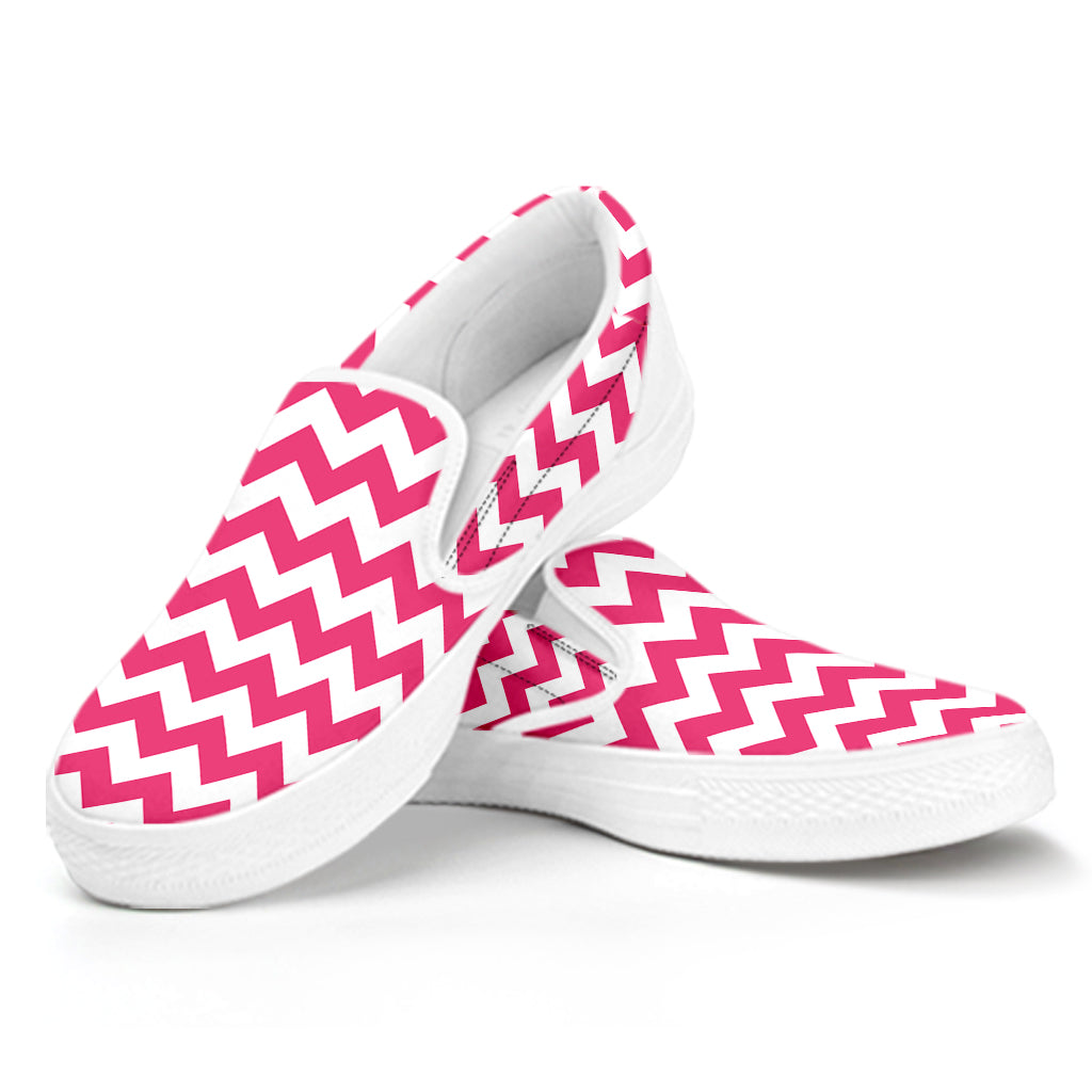 Pink And White Chevron Pattern Print White Slip On Shoes