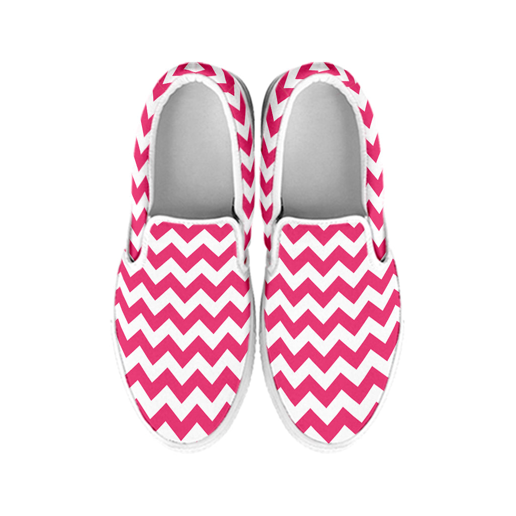 Pink And White Chevron Pattern Print White Slip On Shoes