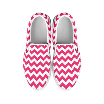 Pink And White Chevron Pattern Print White Slip On Shoes