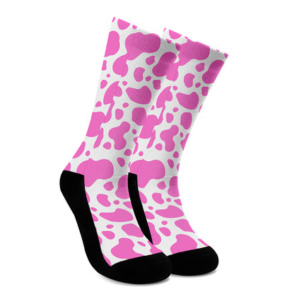 Pink And White Cow Print Crew Socks