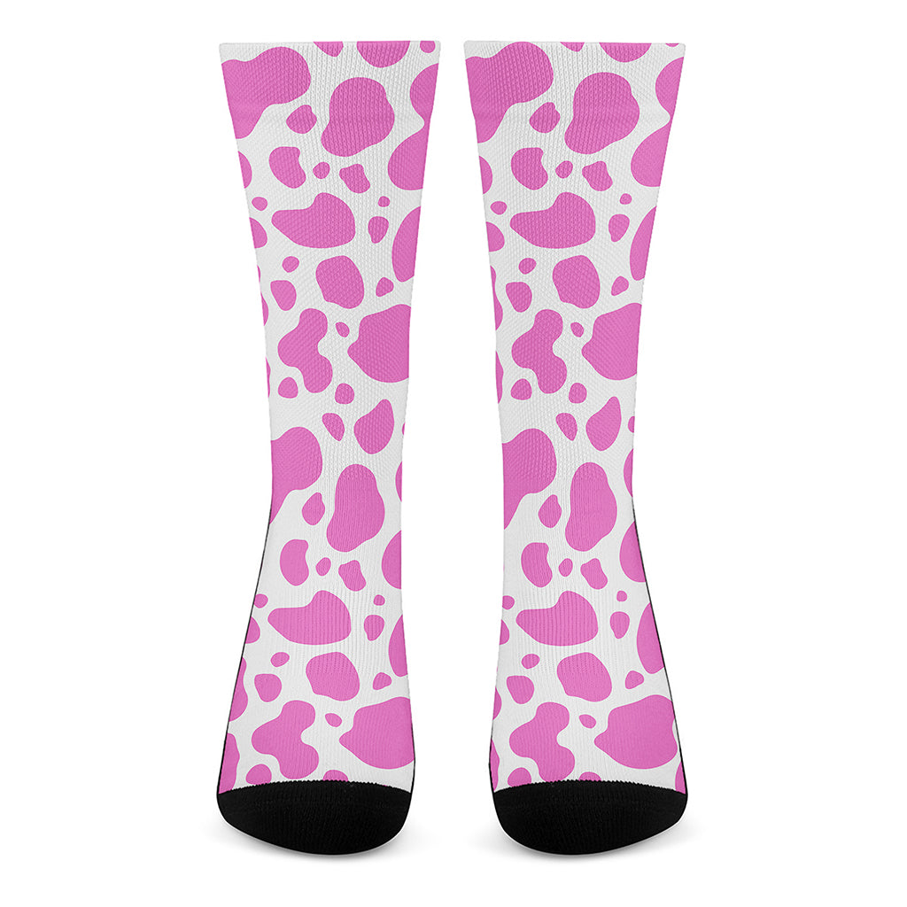 Pink And White Cow Print Crew Socks