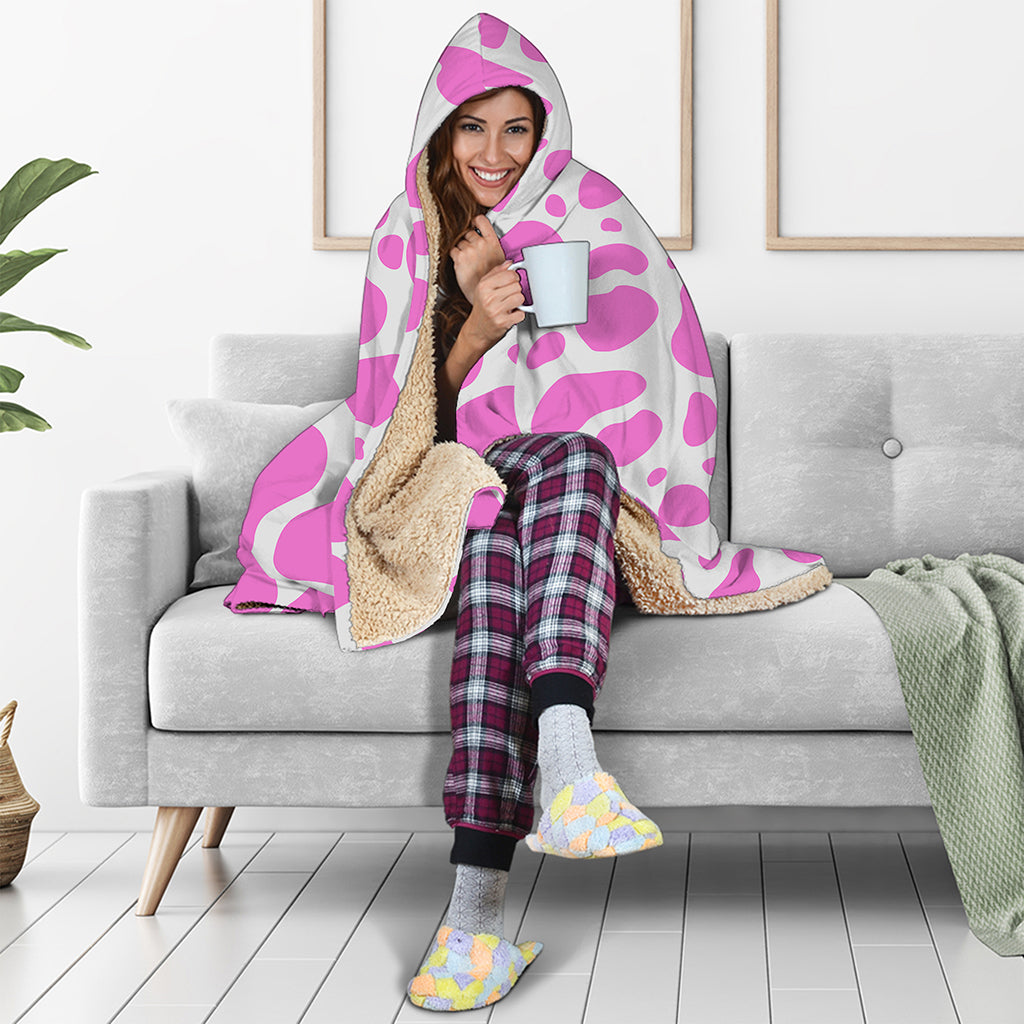 Pink And White Cow Print Hooded Blanket