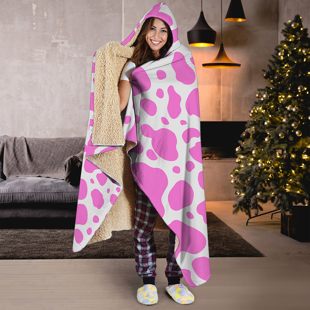 Pink And White Cow Print Hooded Blanket