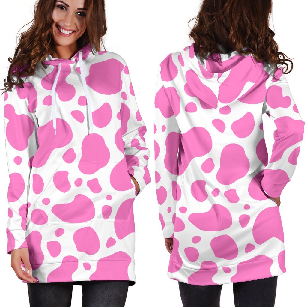 Pink And White Cow Print Hoodie Dress GearFrost