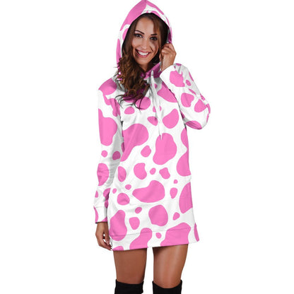 Pink And White Cow Print Hoodie Dress GearFrost