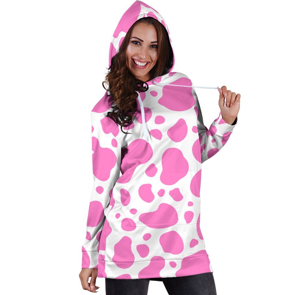 Pink And White Cow Print Hoodie Dress GearFrost