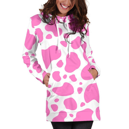 Pink And White Cow Print Hoodie Dress GearFrost