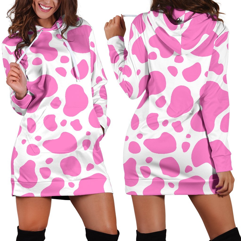 Pink And White Cow Print Hoodie Dress GearFrost