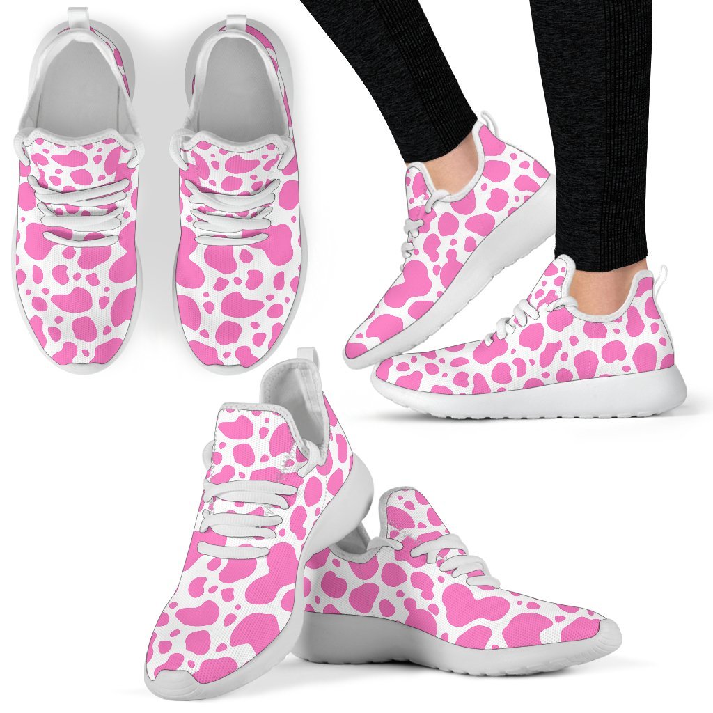 Pink And White Cow Print Mesh Knit Shoes GearFrost