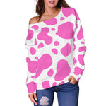 Pink And White Cow Print Off Shoulder Sweatshirt GearFrost