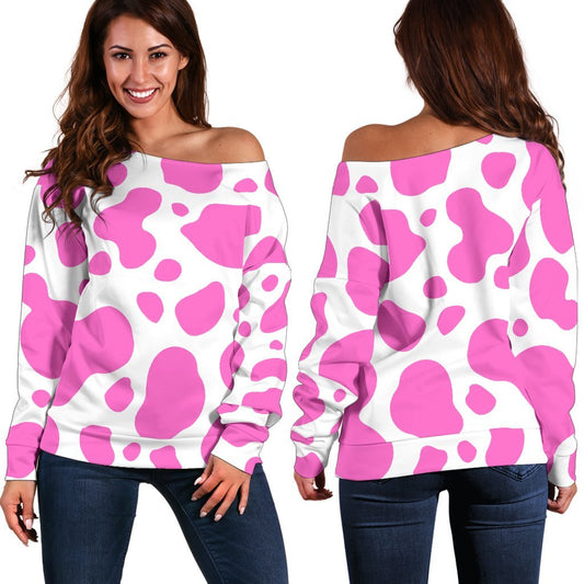 Pink And White Cow Print Off Shoulder Sweatshirt GearFrost