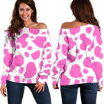 Pink And White Cow Print Off Shoulder Sweatshirt GearFrost