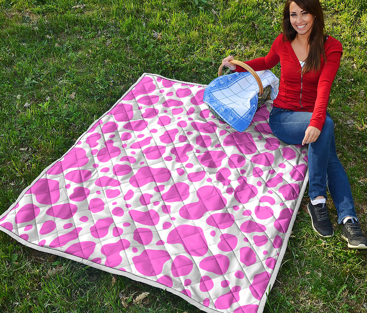 Pink And White Cow Print Quilt