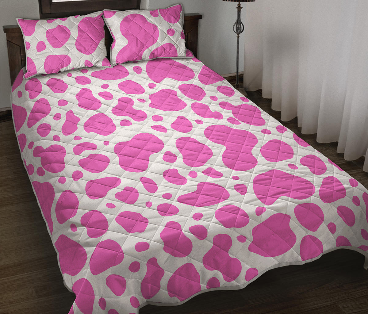 Pink And White Cow Print Quilt Bed Set