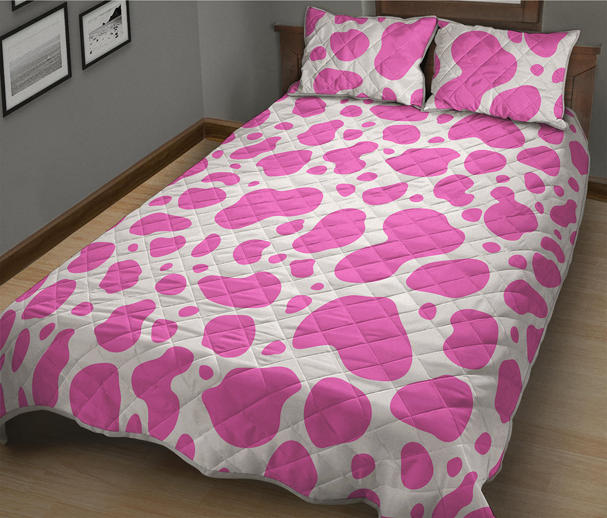 Pink And White Cow Print Quilt Bed Set
