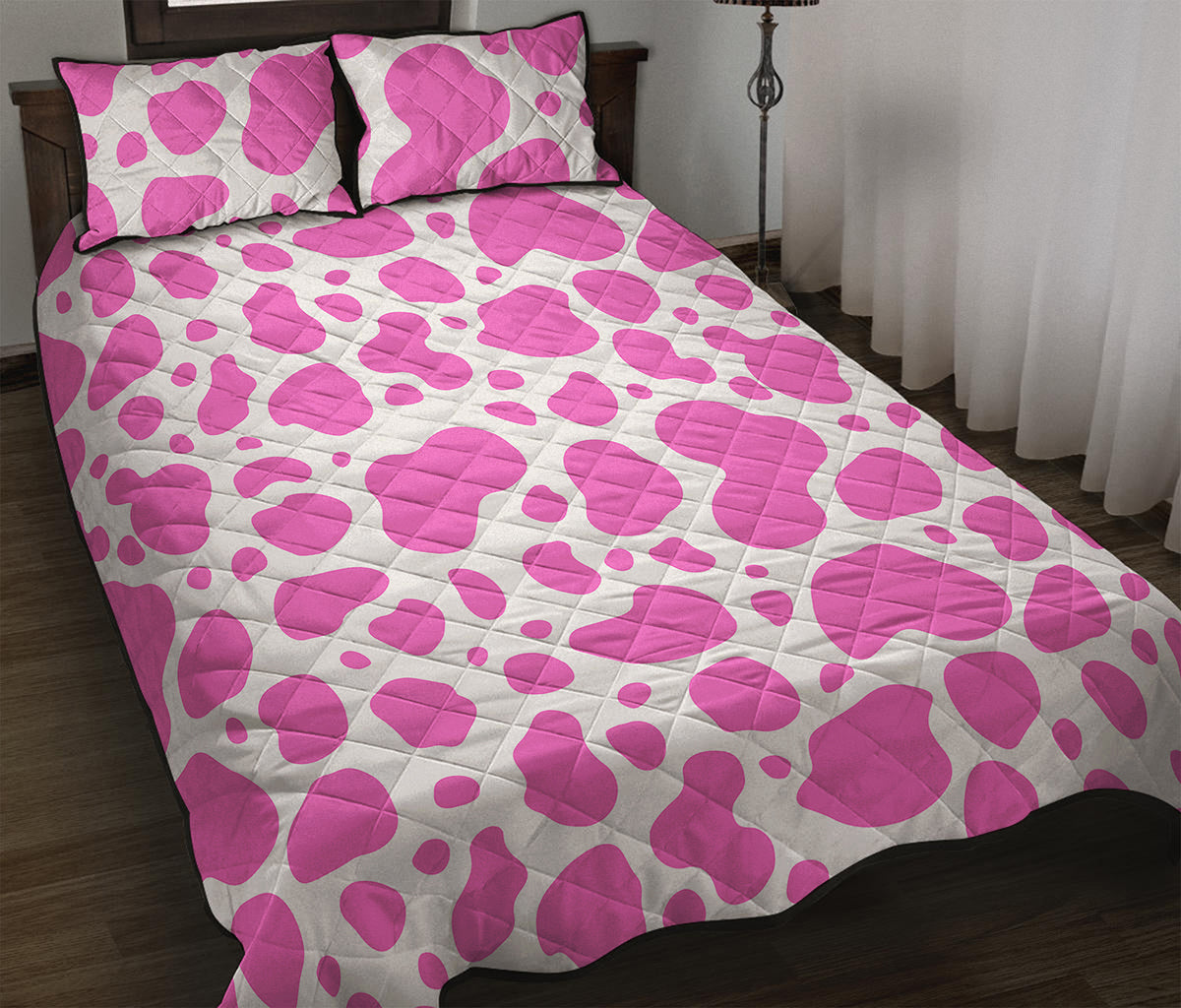 Pink And White Cow Print Quilt Bed Set