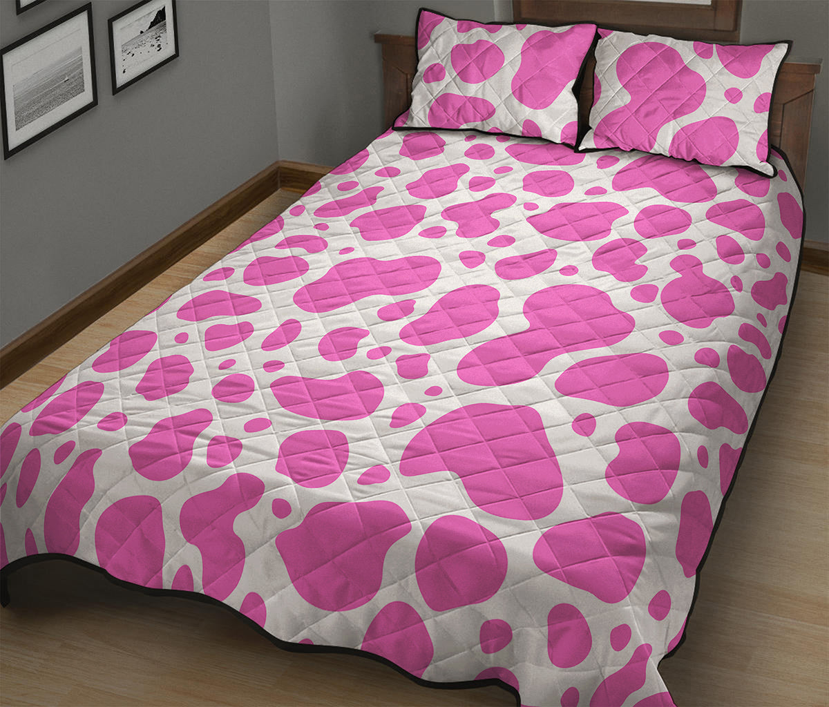 Pink And White Cow Print Quilt Bed Set