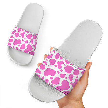 Pink And White Cow Print White Slide Sandals