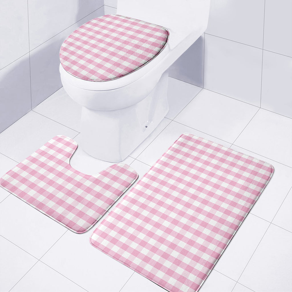 Pink And White Gingham Pattern Print 3 Piece Bath Mat Set