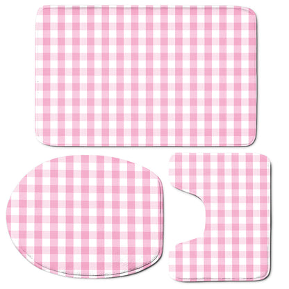 Pink And White Gingham Pattern Print 3 Piece Bath Mat Set