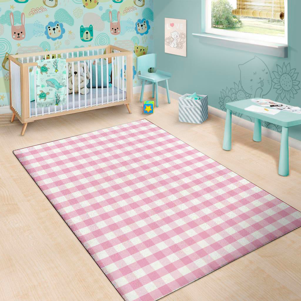 Pink And White Gingham Pattern Print Area Rug