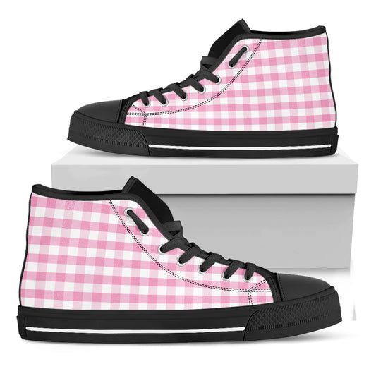 Pink And White Gingham Pattern Print Black High Top Shoes
