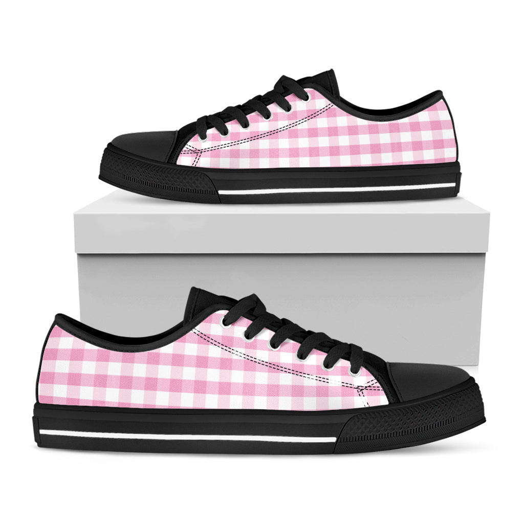 Pink And White Gingham Pattern Print Black Low Top Shoes