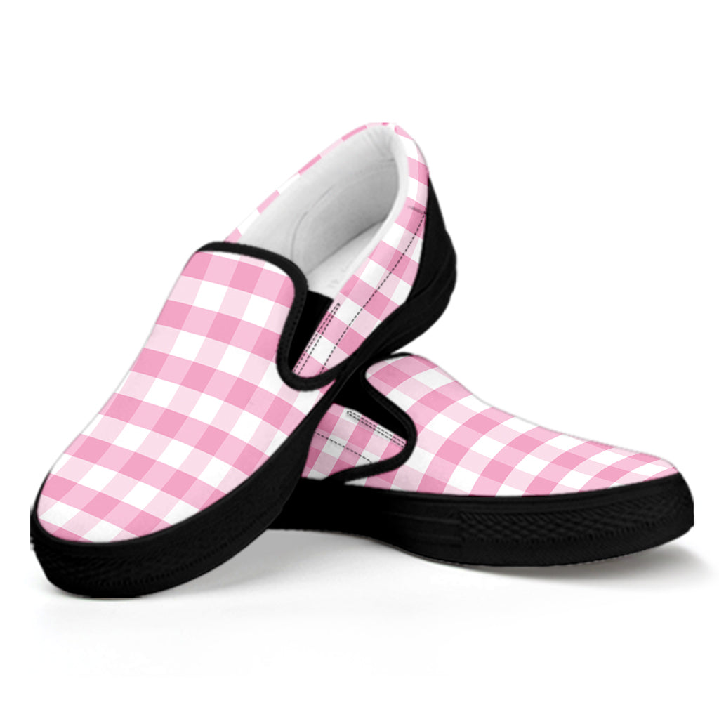 Pink And White Gingham Pattern Print Black Slip On Shoes