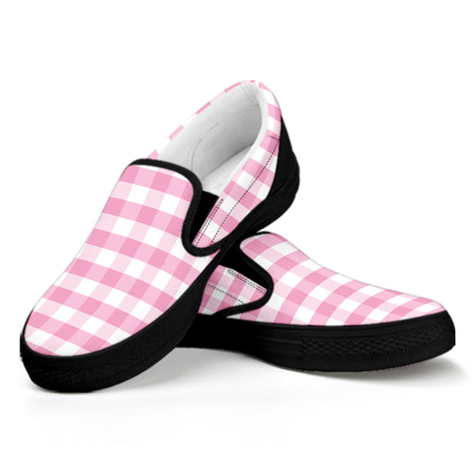 Pink And White Gingham Pattern Print Black Slip On Shoes