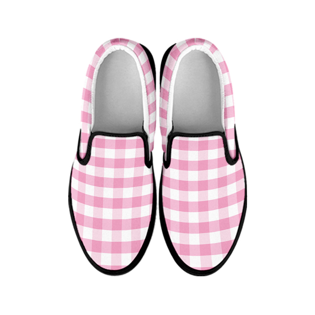 Pink And White Gingham Pattern Print Black Slip On Shoes