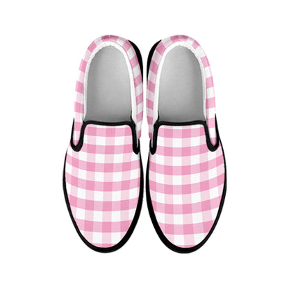 Pink And White Gingham Pattern Print Black Slip On Shoes