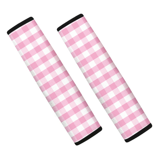 Pink And White Gingham Pattern Print Car Seat Belt Covers