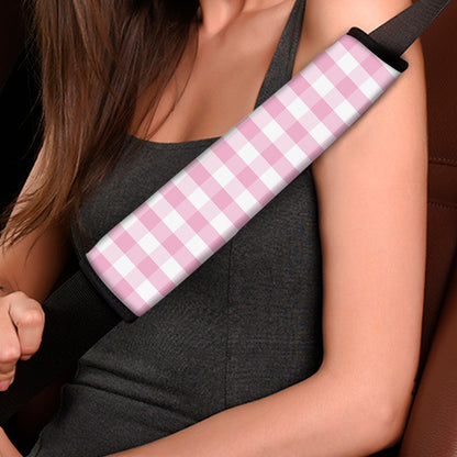 Pink And White Gingham Pattern Print Car Seat Belt Covers