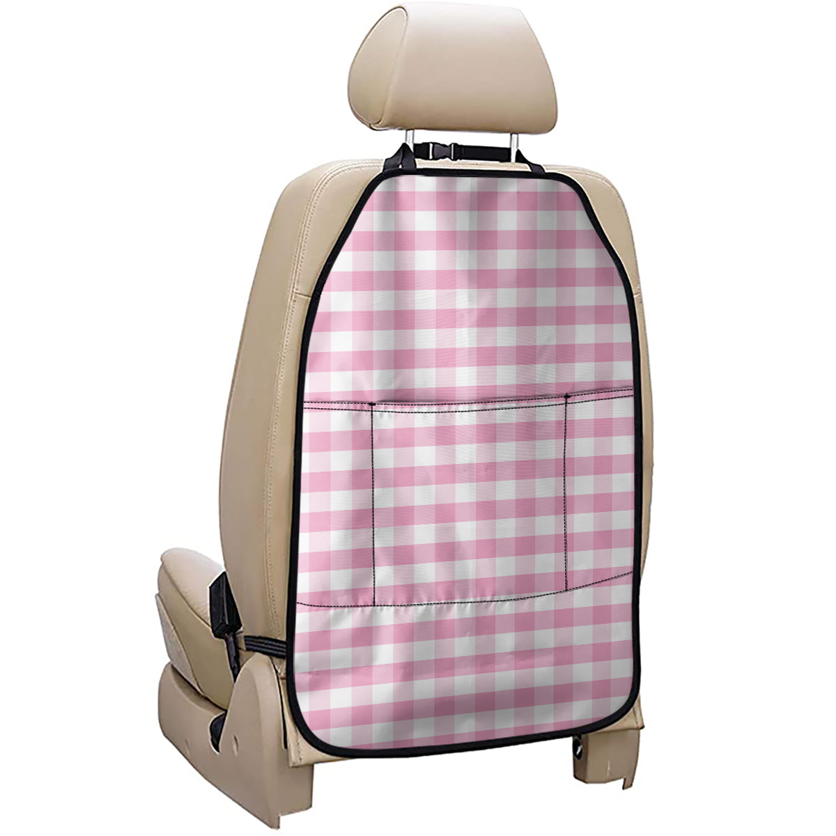 Pink And White Gingham Pattern Print Car Seat Organizers