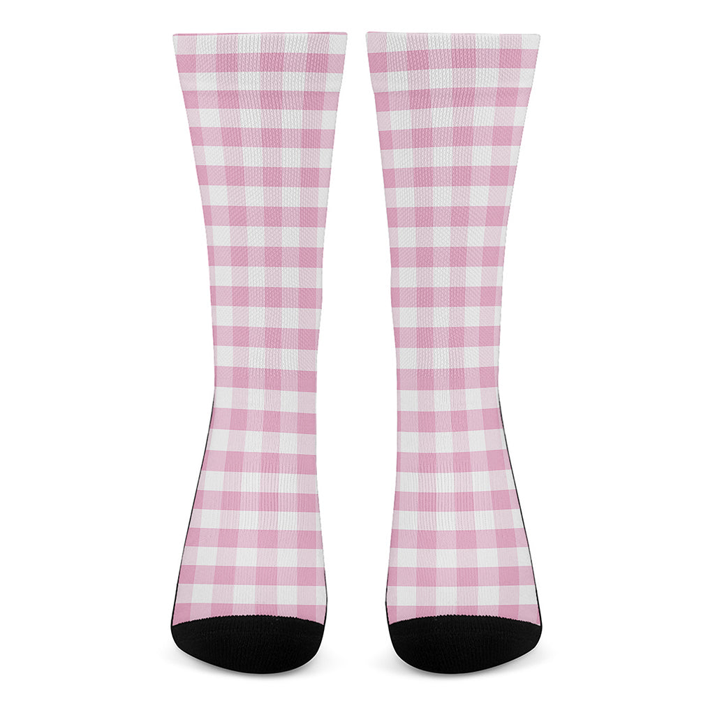 Pink And White Gingham Pattern Print Crew Socks