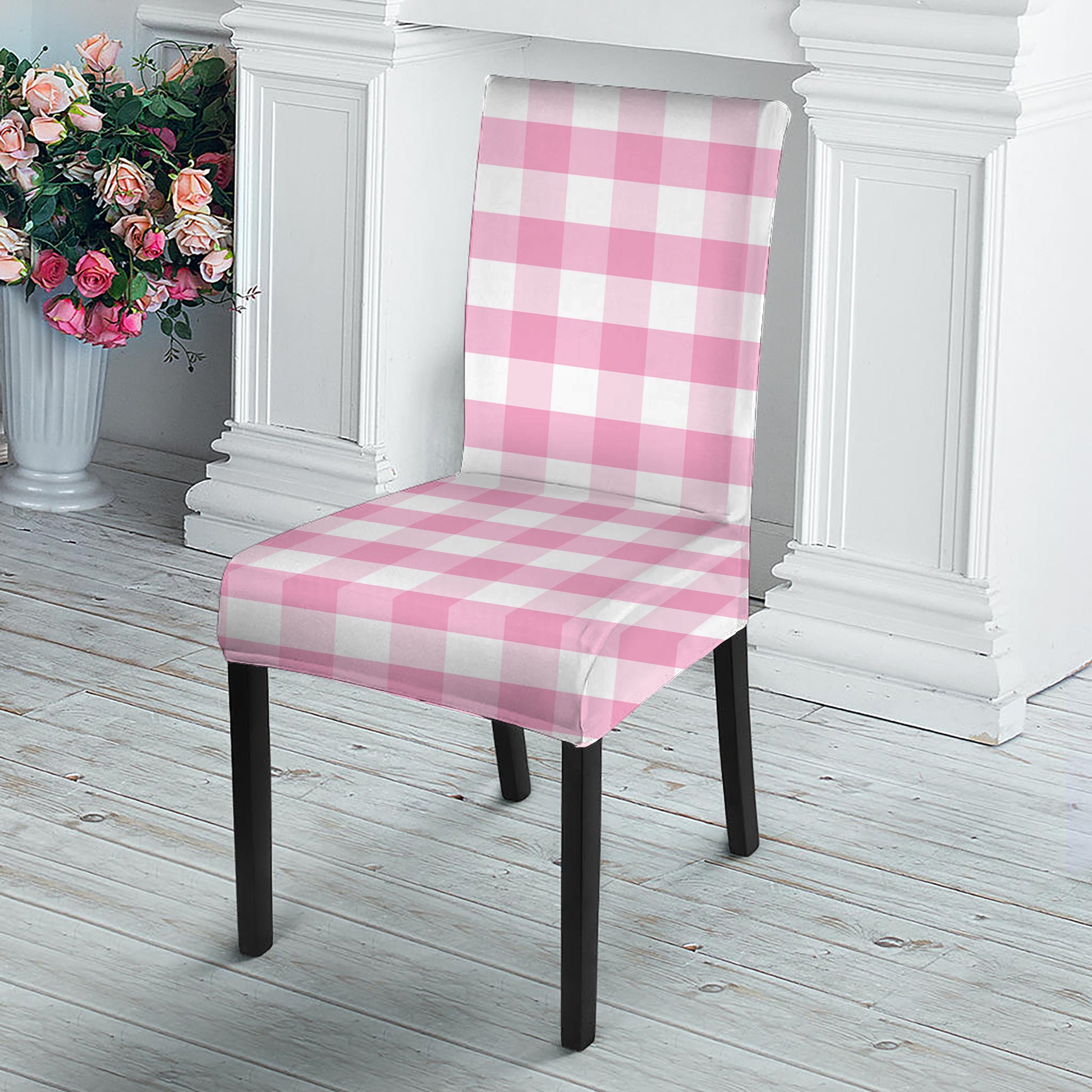Pink And White Gingham Pattern Print Dining Chair Slipcover