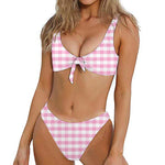 Pink And White Gingham Pattern Print Front Bow Tie Bikini