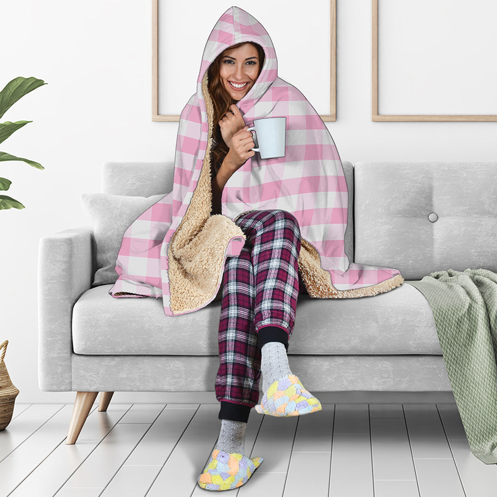 Pink And White Gingham Pattern Print Hooded Blanket