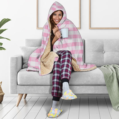 Pink And White Gingham Pattern Print Hooded Blanket